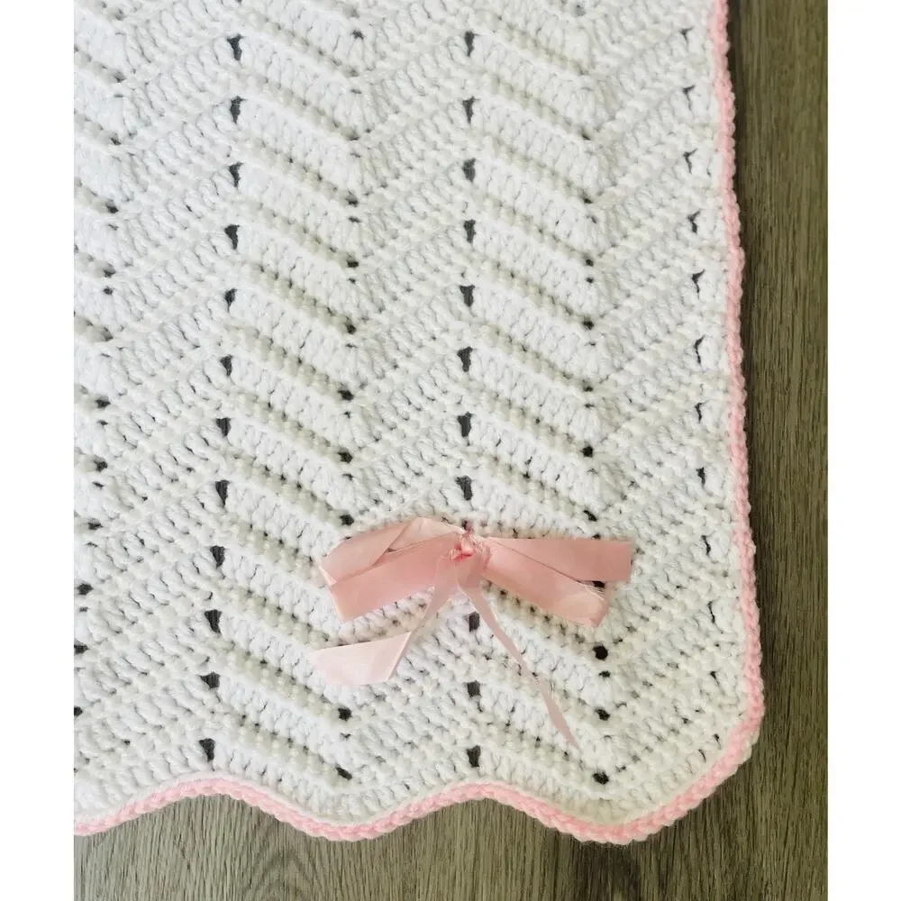 Vintage Crotchet Baby Crib Blanket Handmade White & Pastel Pink Satin Ribbon Bow